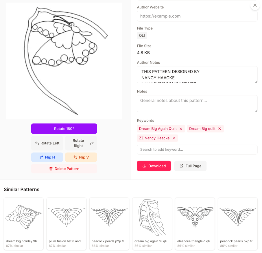 Pattern detail view with keywords, similar patterns, and favorites